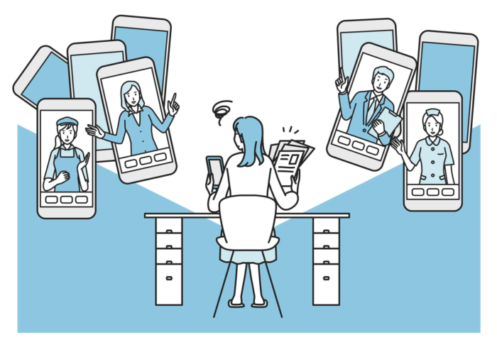 スマホと悩んでいる女性のイラスト