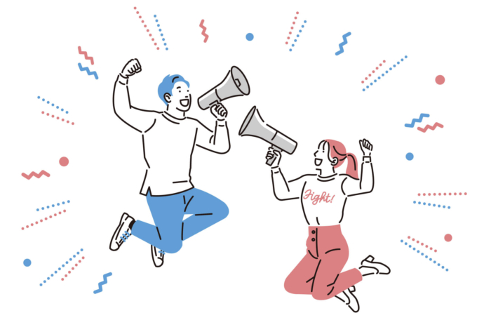 メガホンを持って男女が喜んでいるイラスト
