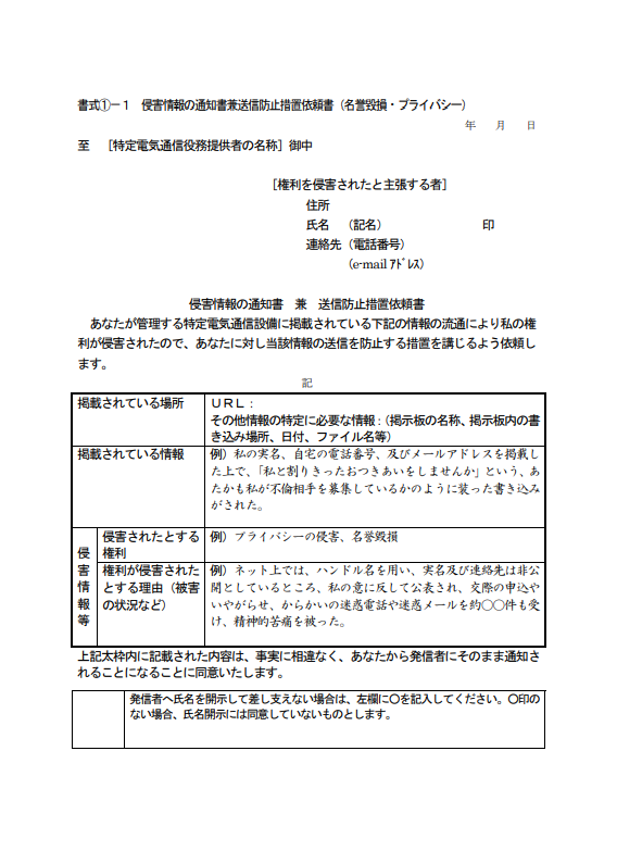 侵害情報の通知書 兼 送信防止措置依頼書