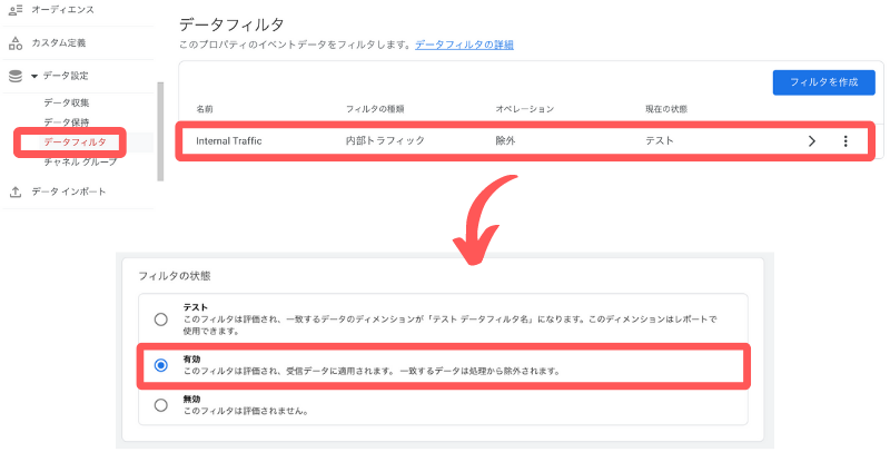 データフィルタの詳細設定ページから、フィルタの状態を【テスト】→【有効】に変更