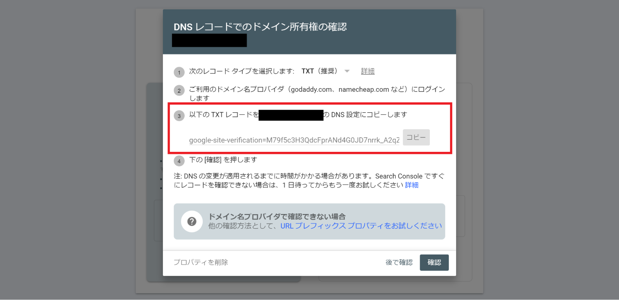 表示される「DNSレコードでのドメイン所有権の確認」画面で、TXTレコードをコピーする