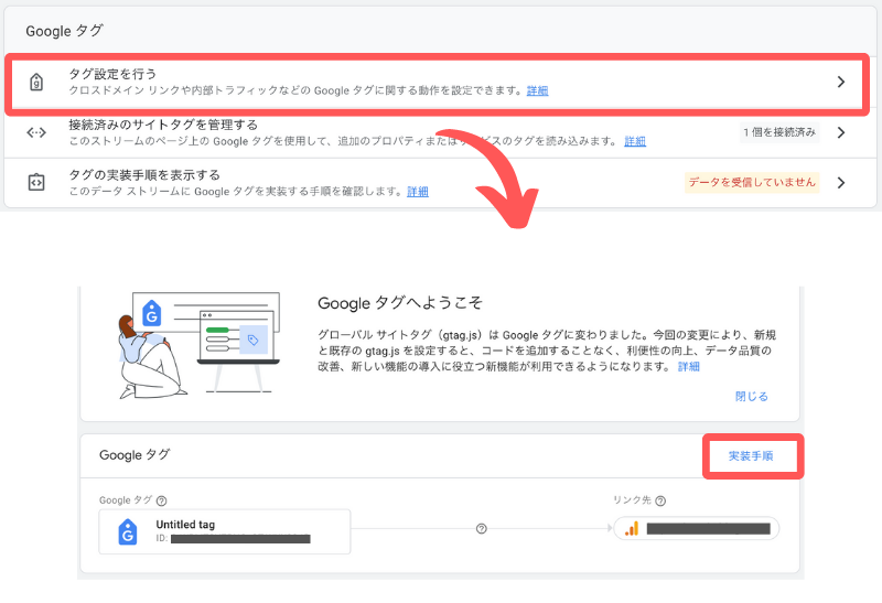 【タグ設定を行う】をクリックし、Googleタグの【実装手順】をクリック